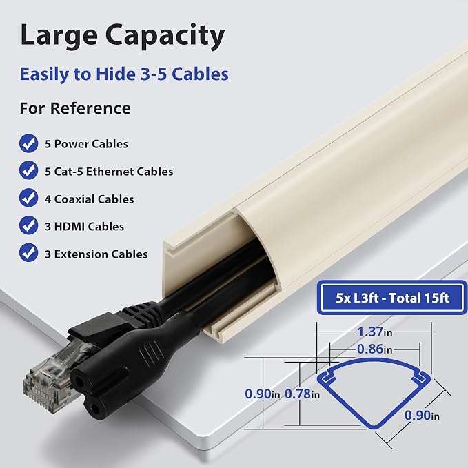 ZhiYo 15ft Corner Cable Hider for 3-5 Cords, Wall & Floor Cord Hider Beige | Self-Adhesive Cable Concealer, 5 Pack (3ft Each), Quarter Round Cable Management Raceway for Baseboards & Ceiling Corners - Image 2