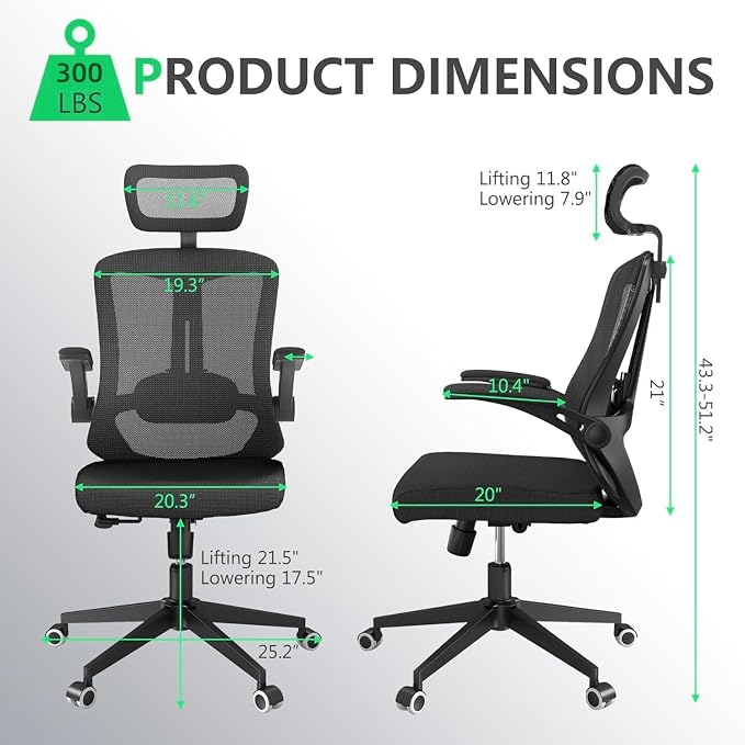 Office Chair (07Black, Chair) | 360° Swivel Adjustable Lumbar Support & Flip-Up Armrests capacity 300 lbs capacity - Image 2