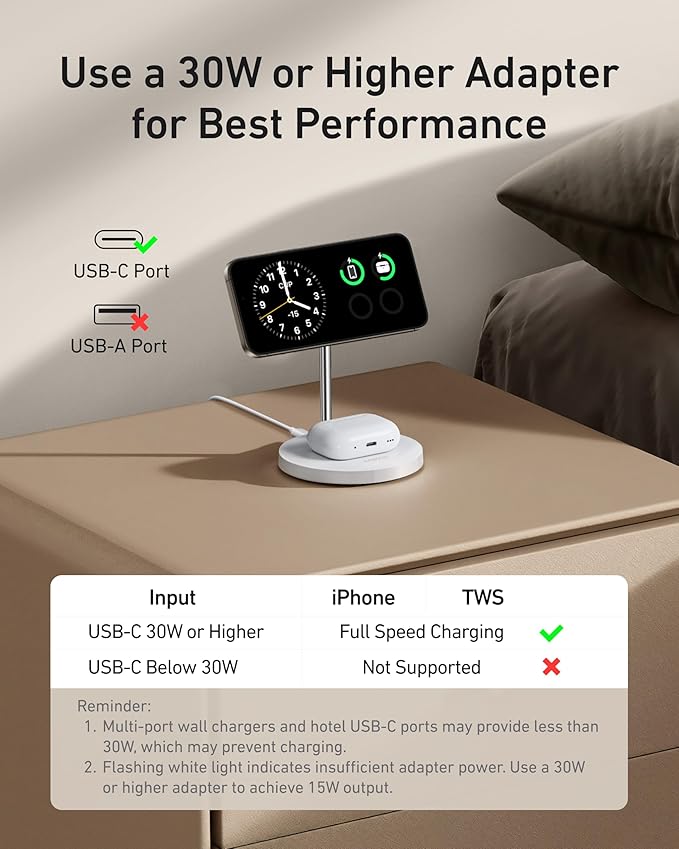 Anker MagGo 2-in-1 MagSafe Compatible Qi2 15W Wireless Charging Stand | Qi2 Certified, Fast Charging, Wireless Charger for iPhone 17, AirPods Pro, and More (White, 40W Adapter Included) - Image 3