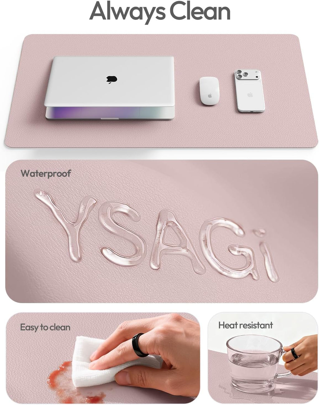 YSAGi Leather Desk Protector, Office Mat, Large Mouse Mat, Non-Slip PU Leather Blotter, Laptop Desk Mat, Waterproof Writing Pad for Office and Home(Grayish Lavender, 63" x 17.2") - Image 7