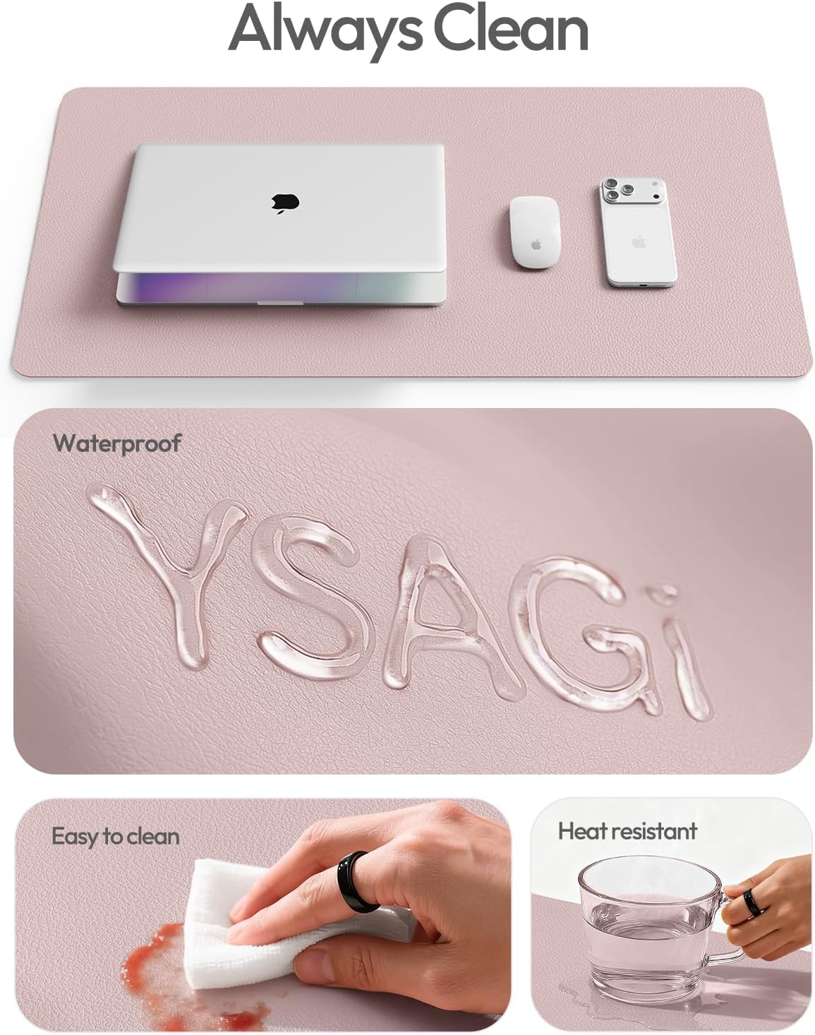 YSAGi Leather Desk Protector, Office Mat, Large Mouse Mat, Non-Slip PU Leather Blotter, Laptop Desk Mat, Waterproof Writing Pad for Office and Home(Grayish Lavender, 63" x 17.2") - Image 7