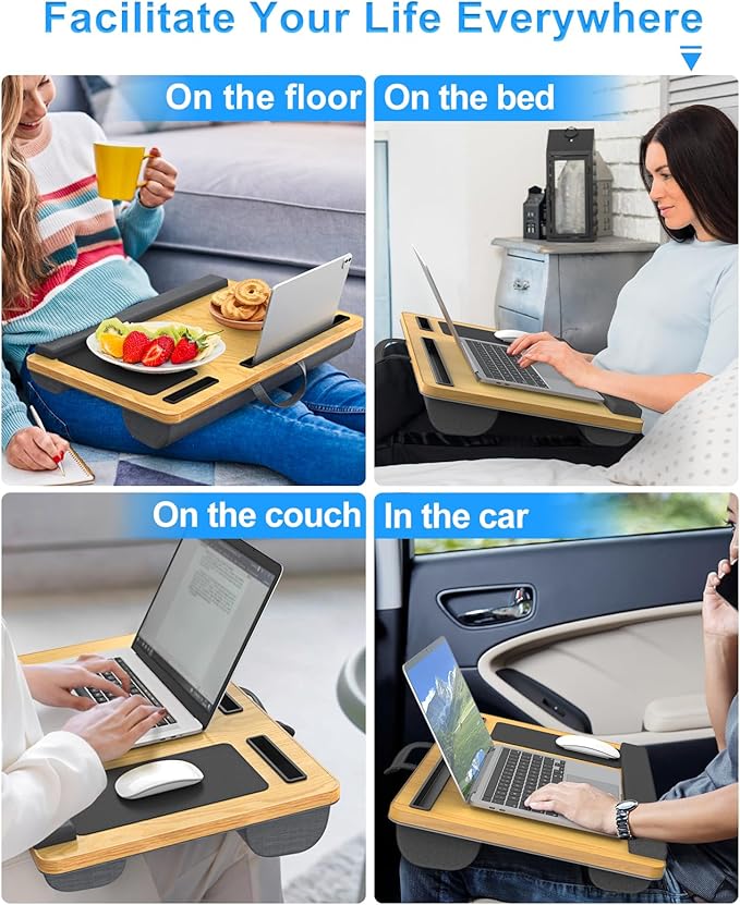 HETTHI Laptop Lap Desk, Portable Large Laptop Desk for Bed, Up to 17 in Lap Table with Wrist Rest, Mouse Pad, Tablet Phone Slot, Portable Handle, Cushion (Light Brown) - Image 6