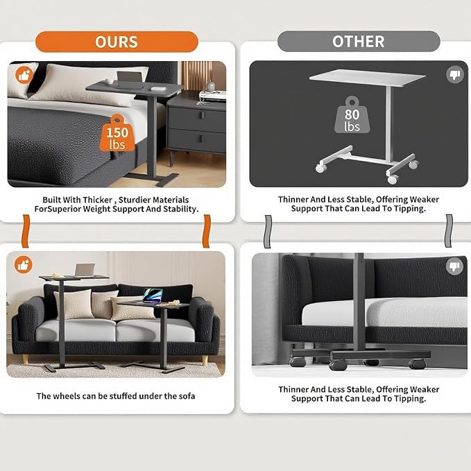 Mobile Small Standing Desk with Hidden Wheels, Pneumatic Laptop Desk, Rolling Computer Cart Movable, Portable Rolling Computer Sit Stand Side Table for Couch, Home, Office, Black - Image 7