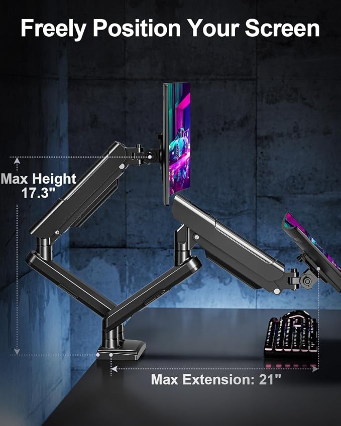 Dual Monitor Arm for 17-32" Computer Screens, Monitor Mounts 22lbs per Arm | Full Motion Monitor Desk Mounts for 2 Monitors, Gas Spring Desk Mount, VESA Mount, Freelift Pro - Image 7