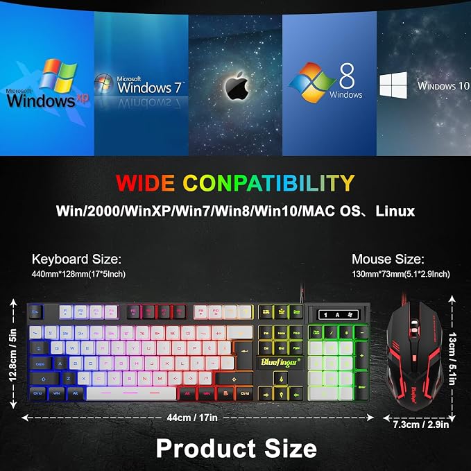 BlueFinger RGB Gaming Keyboard and Backlit Mouse Combo, USB Wired, LED Gaming Set for Laptop PC Computer Game and Work (Black & White) - Image 6