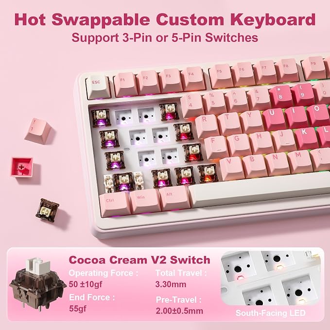 YUNZII B75 PRO MAX 75% Mechanical Keyboard (Pink Heart, Cocoa V2) | QMK/VIA, Wireless Keyboard with Screen and Knob, Custom Hot Swap, Gasket Mount, Creamy Switches, RGB for Gaming/Win/Mac - Image 5