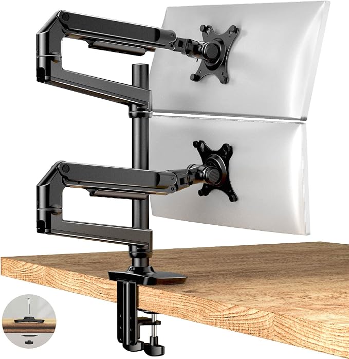 Ergounion Dual Monitor Mount, Holds Screens up to 40 Inches and 25 lbs, Fully Adjustable Dual Monitor Arm with C-Clamp and Grommet Base, Aluminum, Black by Ergounion