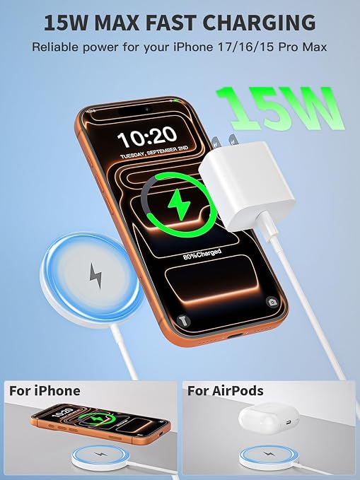 Magnetic Wireless Charger 6FT Fast Apple Mag-Safe Charger Magnet Charging | iPhone Mag Safe Charging Pad for iPhone 17Pro Max/16 Pro Max/16Pro/16/iPhone 15Pro Max/15 Plus/14/13/12/AirPods 3/2/Pro/Pro 2 - Image 2