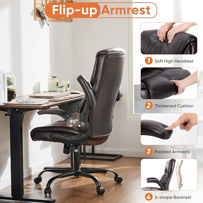 Sweetcrispy Heavy Duty Office Chair, Gaming Desk Chair 2 Pack | Flip-Up Arms, Adjustable Height, PU Leather Swivel Rolling Wheels, Dark Brown - Image 6