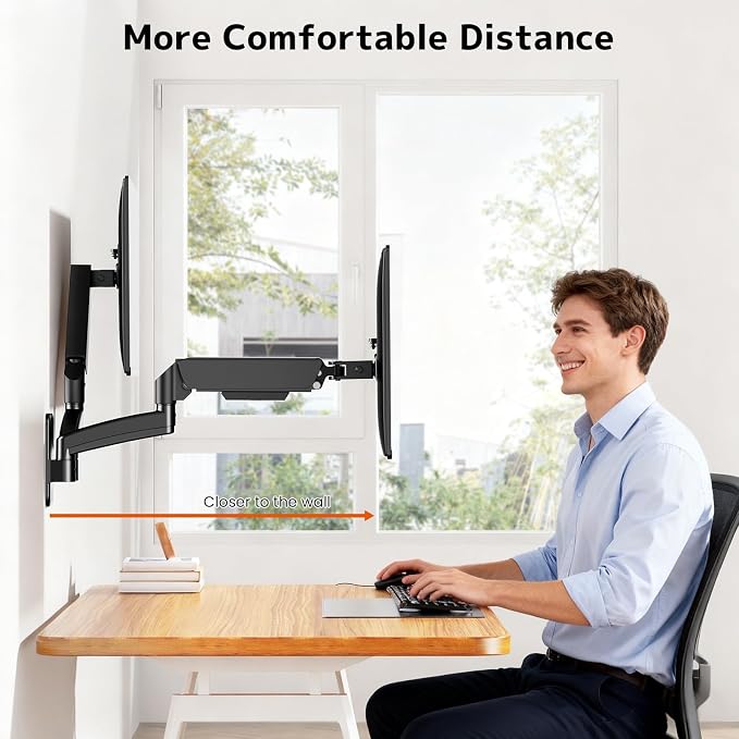 Dual Monitor Wall Mount for 17-32 inch Flat/Curved Computer Screens | Aviation-Grade Aluminum Gas Spring, Full Motion, Holds Up to 19.8lbs per Arm, VESA 75/100 mm, Black - Image 7