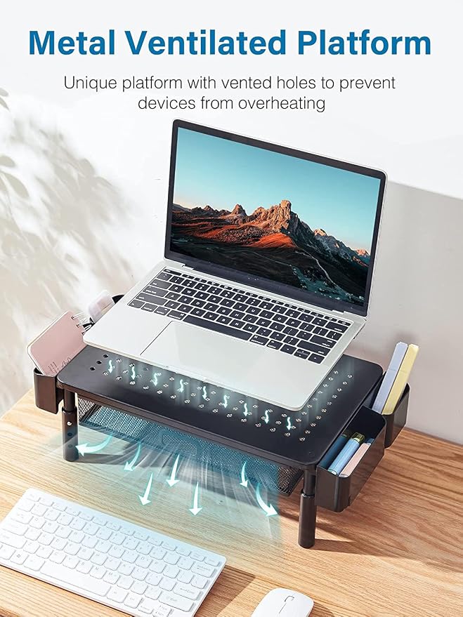 Monitor Stand Riser with Drawer & Phone Holder, Black | Desk Organizer with Sturdy Steel Frame, Space-Saving Desktop Shelf for Home Office, Desk Stand Riser for Monitor & Laptop - Image 5