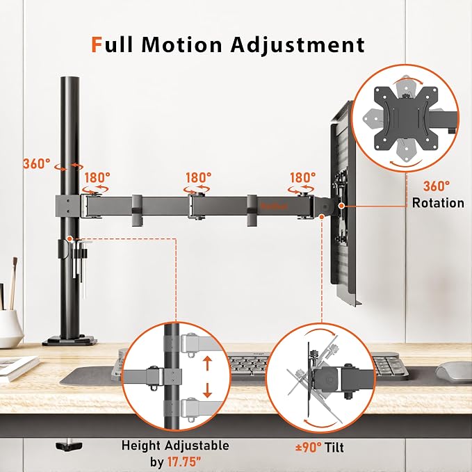BONTEC Laptop Arm for Desk, 13-32 Inch, 22lbs, VESA 75/100 Compatible | Fully Adjustable Monitor Arm with Vented Tray for LCD Screens and Notebook up to 17", Dual Mounting Options - Image 3