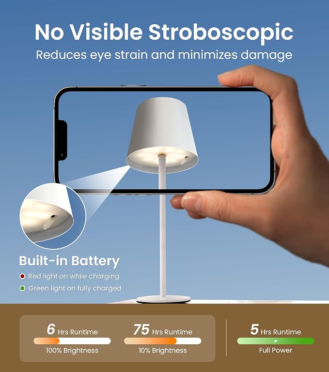 Cordless Table Lamp, Portable Battery Operated Lamp with 3 Color Temps and Stepless Dimming, Rechargeable Table Lamp for Dinner, Desk, Cafe, Outdoor (White) - Image 7