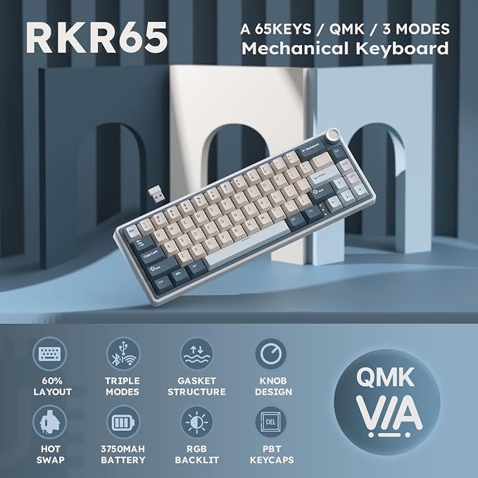 RK ROYAL KLUDGE R65 Wireless Mechanical Keyboard, 60% Keyboard with Knob | 60% RGB Gaming Keyboard with QMK/VIA, 3-Mode 2.4G/BT/Wired, Hot Swappable PCB, PBT Keycaps, 66 Keys, Cream Switch, Blue - Image 2