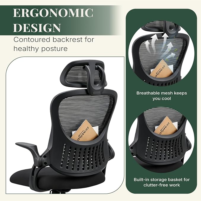 Ergonomic Desk Chair Comfy, Mesh Office Chair, for Home Office | Adjustable Headrests, Flip-up Arms, Breathable Mesh High-Back, Swivel Wheels, for Adults, Black - Image 7