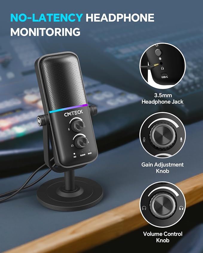 CMTECK USB Microphone for PC, PS4/PS5, Laptop – Computer Microphone with RGB Lighting, Mute Button, Mic Gain, Plug & Play, 3 Sound Modes for Streaming, Podcasting, Recording - Image 4
