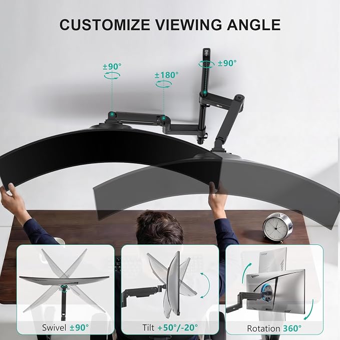 WALI Vertical Dual Monitor Wall Mount for 13-49 inch Screens, 44lbs per Arm | Heavy Duty Stacked Ultrawide Monitor Arm for Wall, Full Motion with Tilt, Swivel, Rotation, VESA 75/100mm (GSWM002-P), Black - Image 3