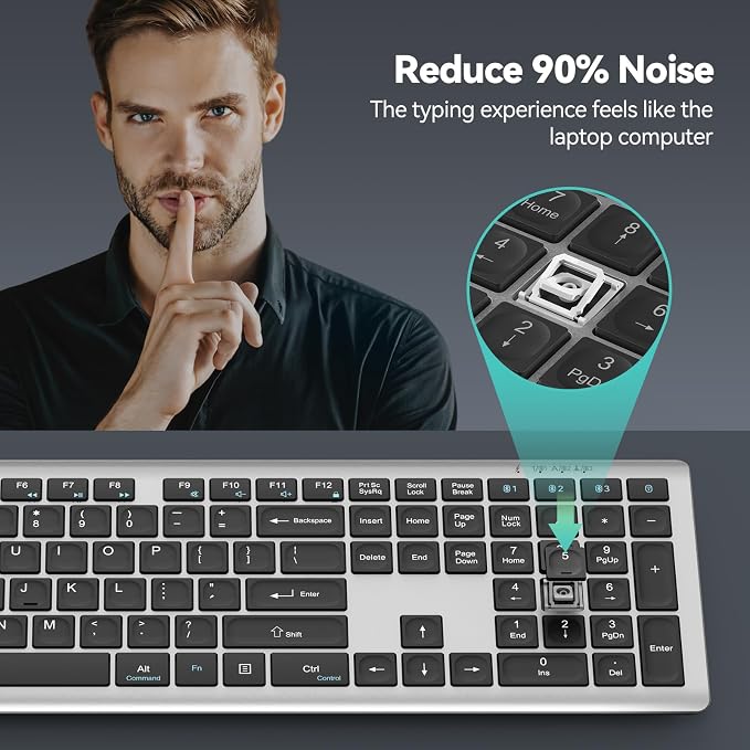 TECKNET Bluetooth Keyboard Rechargeable 4-Device (2.4G+BT) Free Switching | Multi-device Connection, Ultra-Slim, Numeric Pad, Quiet Full Size Wireless Keyboard for PC/Laptop/Smart TV/Phone, 12 Hot Keys - Image 6