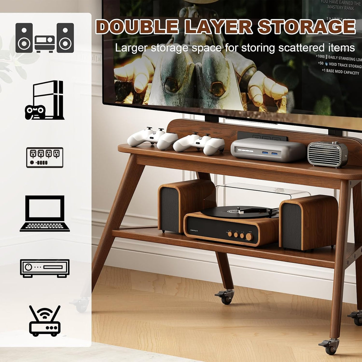 Solid Wood Rolling TV Stand with Power Outlet, Mobile TV Stand - Image 5