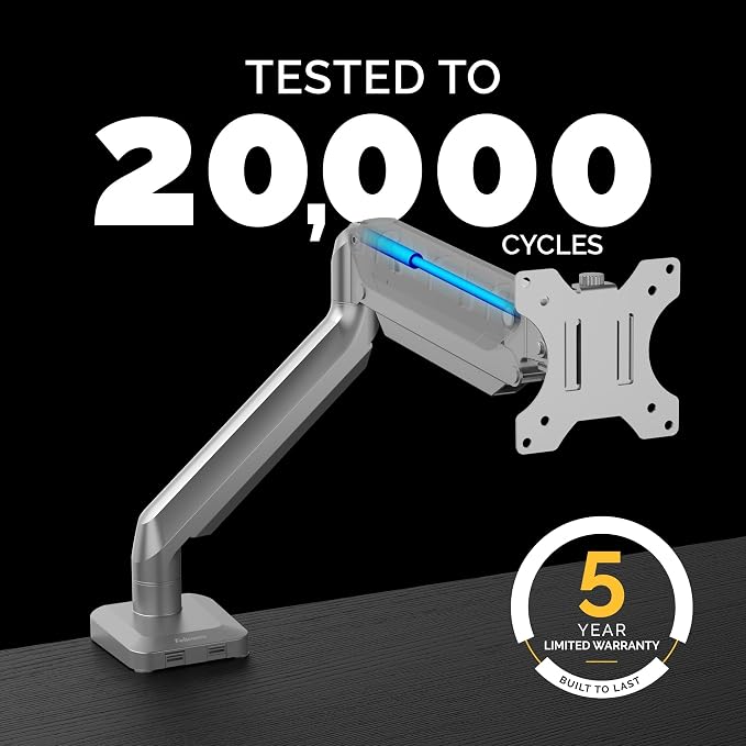 Fellowes Platinum Series Single Monitor Arm for 40-Inch Monitors, Full Motion, 360° Rotation, VESA Mount with Grommet or Clamp, USB Ports, Ergonomic, Silver, 8056401 - Image 8