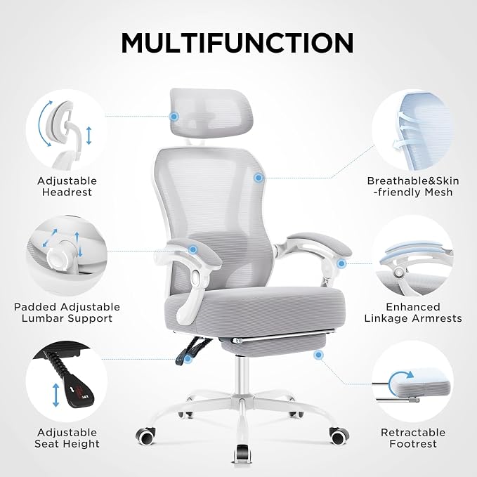 Ergonomic Office Chair with Footrest,Ultra Thick Desk Chair,Grey | 150°Reclining,Mesh High Back,Adjustable 2D Lumbar Support and Headrest,4.8" Spring Cushion,Premium Computer Chair for Adults - Image 5