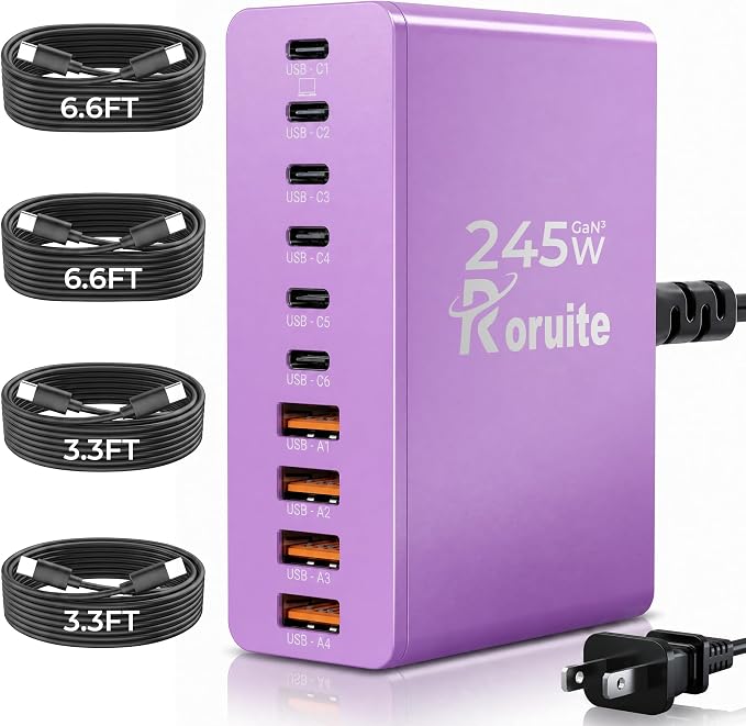 USB C Charging Station 10 Port with 4 Cables,245W GaN Charger Block | Type C Wall Charger Power Strip Adapter Plug for iPad iPhone17 16 15 14 13 12 Pro Max Pixel Note Galaxy Purple by Roruite