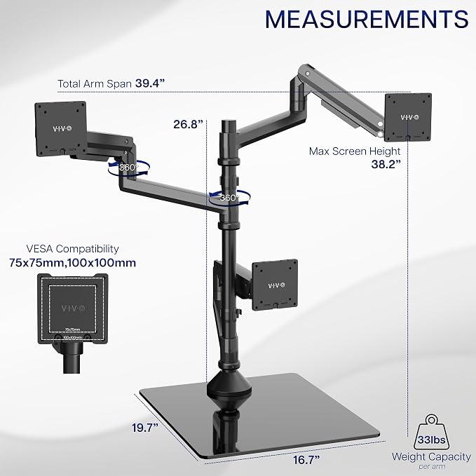 VIVO Pneumatic Arm Triple Ultrawide Monitor Desk Stand for Up to 49 inch Screens with Tempered Glass Base, Holds 3 Ultra Wides Up to 33 lbs Each, Black, STAND-V300FG - Image 3