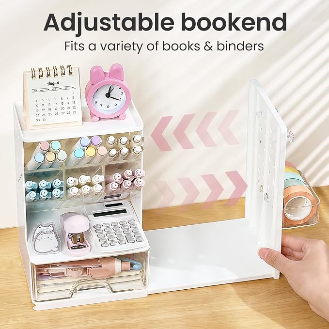 Sooez Desk Organizer with Bookends, Pegboard & Drawer, Pen & Pencil Holder | Desk Accessories with 5 Compartments, Teacher School Office Supplies, Dorm Room Organization Storage for Sticky Notes, Pink - Image 5