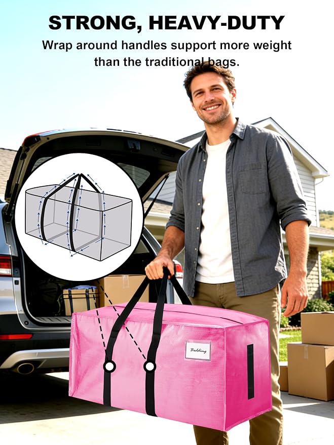 HOMESURE Supports 200lbs Heavy Duty Moving Bags - Strong Zipper & Wrap-Around Handles - Water-Resistant Storage Totes, Durable Alternative to Moving Boxes - 4 Pack - Pink - Image 2