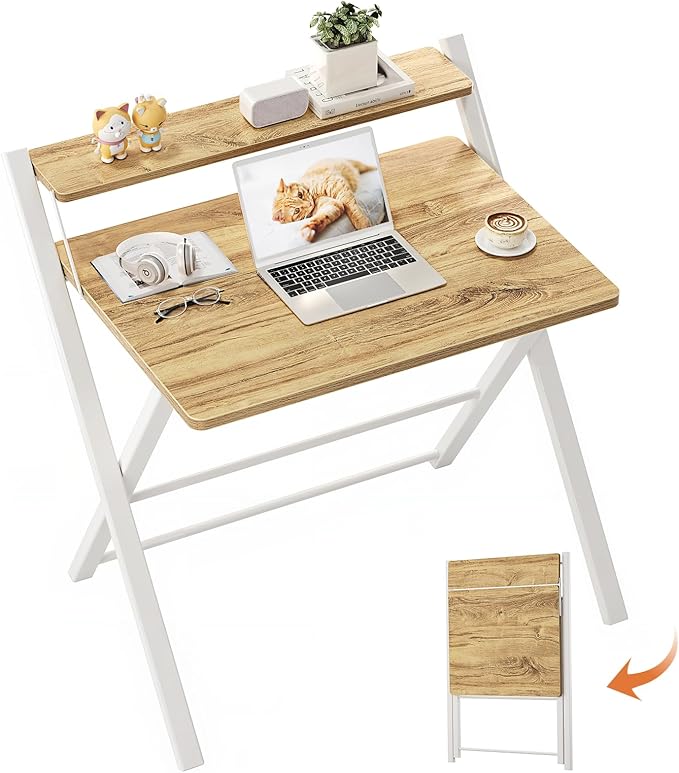 GreenForest Folding Desk No Assembly, Sturdy Computer Desk for Small Spaces | Portable Foldable Table for Laptop, 2-Tier Compact with Shelf, Space Saving for Home Office, Dorm, Apartment, 24.5"x 30" Oak by GreenForest