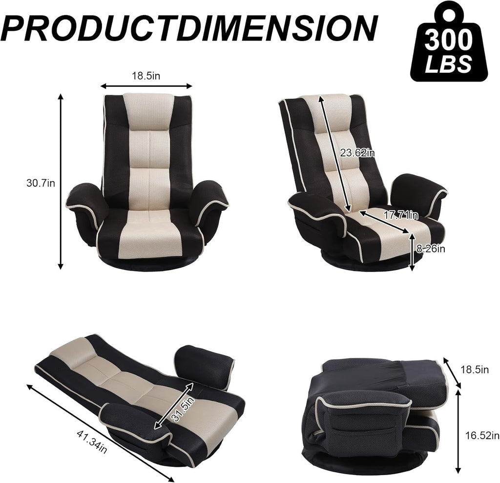 Swivel Floor Chair for Adults, 14-Position Adjustable Floor Gaming Chair with Back Support & Armrests, Foldable Lazy Sofa Lounge, Breathable Mesh for Gaming Reading Meditation (Black/Beige) - Image 2