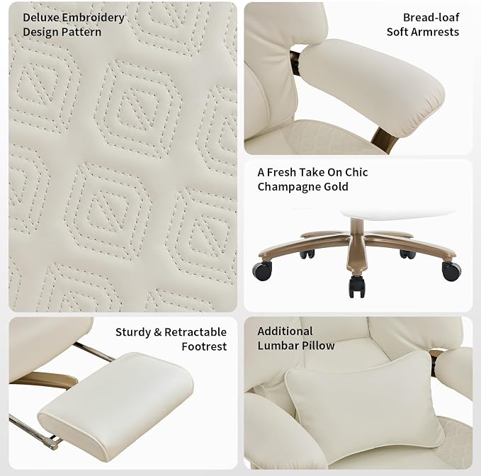 EXCEBET Big and Tall Executive Office Chair with Footrest, 400LBS Capacity Ergonomic High-Back Desk Office Chair with Lumbar Support, Padded Armrests & Thick Cushion, White PU Leather Chairs - Image 6