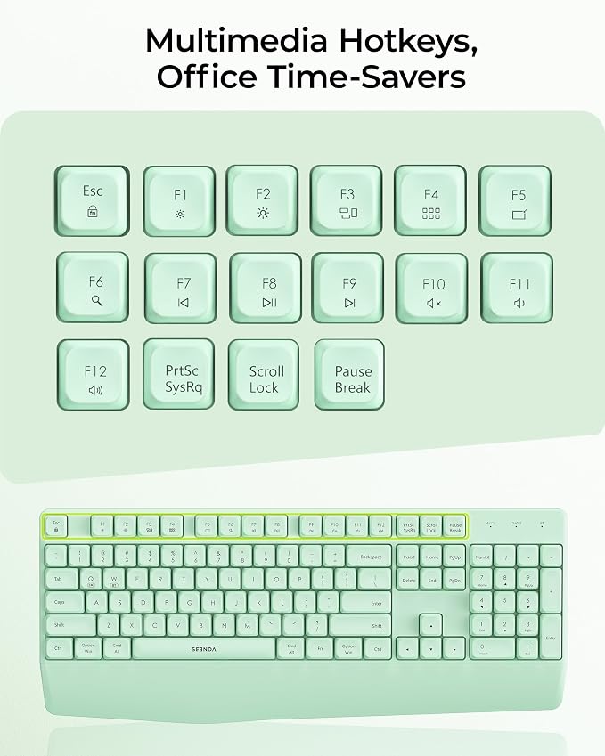seenda Wireless Bluetooth Ergonomic Keyboard Mouse Combo, Full Size, Green | USB/Bluetooth multi-device switching, with wrist rest, number pad, and quiet operation for PC, laptop, Mac, MacBook, and iPad - Image 9