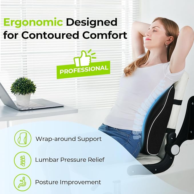 AUVON Office Lumbar Support Pillow with Patented Bulge for Back Support | Ergonomic Office Home Essentials Improve Posture, Memory Foam Chair Cushion for Home, Office, Car, Mesh Cover, Double Straps - Image 7