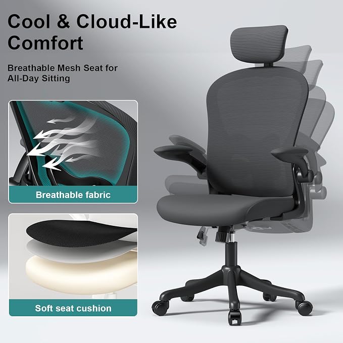 Mesh Office Chair with Adjustable Lumbar Support and Headrest, Ergonomic High Back Task Chair for Home Office, Flip-Up Arms 90-120° Tilt Lock Rolling Swivel Work Chairs(Black6065) - Image 3