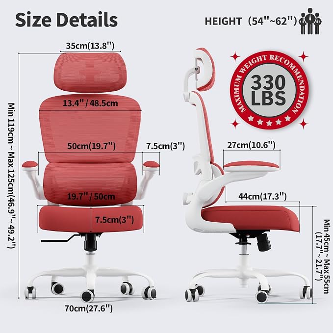 TRALT Office Chair Ergonomic Desk Chair - Gaming Chair with Lumbar Support | 330 LBS Home Office Desk Chairs with Headrest, Reading Chair with Flip-up Armrests, Comfortable Computer Chairs (1, Red) - Image 2