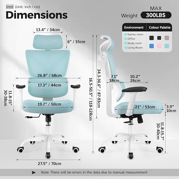 Ergonomic Office Chair High Back Desk Chair with Lumbar Support, Breathable Mesh Computer Chair with Adjustable Armrests Height, Reclining Swivel Big and Tall Gaming Chair for Home Office(Light Blue) - Image 2