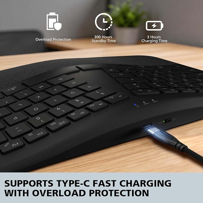 Micropack Split Ergonomic Keyboard Wireless, Multi Device Bluetooth & USB Receiver Connectivity, Rechargeable USB-C Silent Scissor Keys with Palm Support, Compatible with Mac PC Laptop Home Office - Image 4