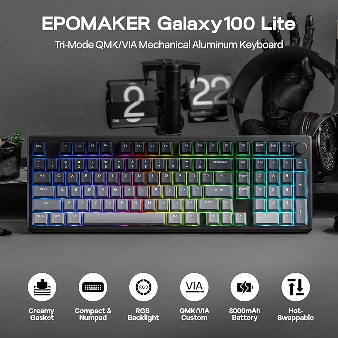 EPOMAKER Galaxy100 Lite QMK/VIA Gaming Keyboard with 8000mAh Battery | 1800 Aluminum Mechanical Keyboard with Numpad, USB-C/BT/2.4Ghz, Hot-Swap, Creamy Sound (Black, Wisteria Linear Switch) - Image 2