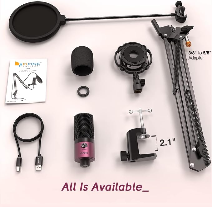 FIFINE T669 Rose Red Podcast Microphone Kit with Boom Arm for Recording | PC Computer Microphone for Streaming, Gaming, Voice-Over, Meeting, Shock Mount, Pop Filter - Image 7