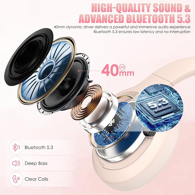 Active Noise Cancelling Headphones, Over-Ear Headphones Pink | Wireless Blutooth Headphones with100H Playtime, Built-in Microphone, Lightweight & Foldable, Deep Bass for Work/Gym/Travel - Image 4