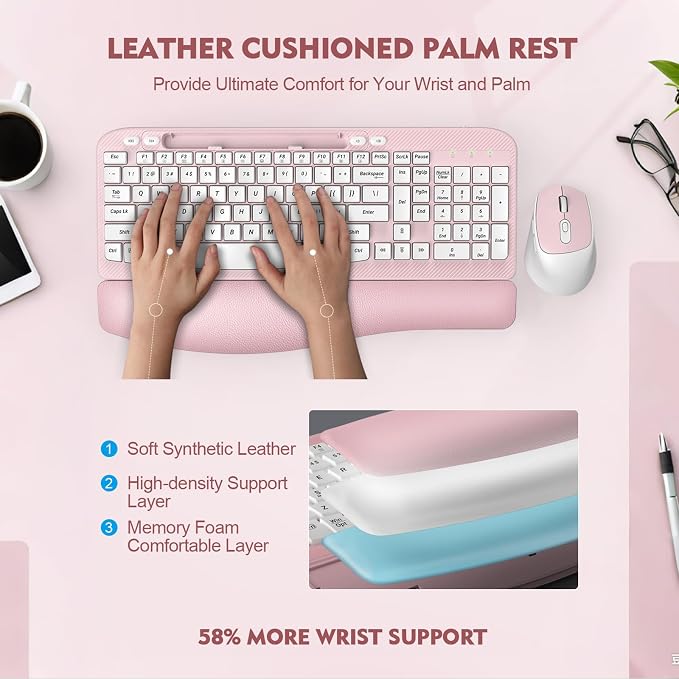 Wireless Keyboard and Mouse Combo, Full-Sized Ergonomic Wave Keys Keyboard with Memory Foam Wrist Rest & Phone Holder, 2.4G Quiet Keyboard Mouse Work Setup for PC Laptop, Office or Home (Pink) - Image 2