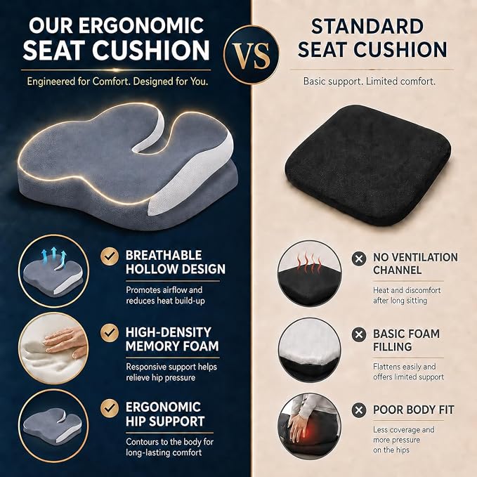 Seat Cushions for Office Chairs Wheelchair Cushion for Long Sitting Back Pain，Memory Foam Seat Car Computer Desk Chair Cushion，Coccyx Cushion for Tailbone Pain Relief Cushion Office Chair Butt Pillow | Suitable for prolonged sitting, relieves tailbone ... - Image 5