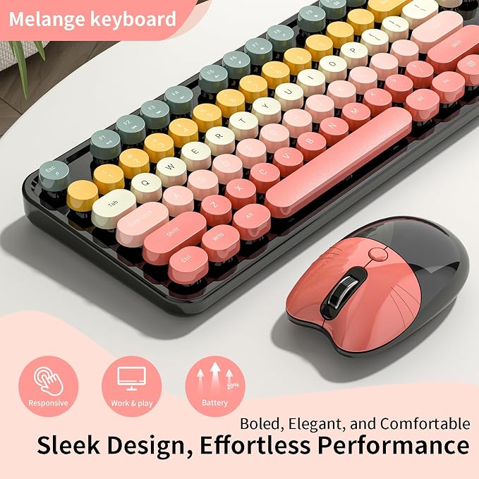 Wireless Keyboard and Mouse, MOFII 104 Round Keycaps Retro Typewriter with OTG & Brush, Full-Size Ergonomic, Ideal for Windows PC, Home, Office and College Rainbow Red - Image 3