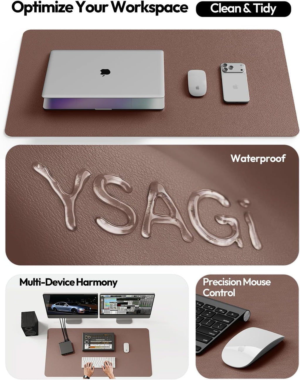 YSAGi Leather Desk Protector, Office Mat, Large Mouse Mat, Non-Slip PU Leather Blotter, Laptop Desk, Waterproof Writing Pad for Office and Home (Chocolate, 35.4" x 17") - Image 8