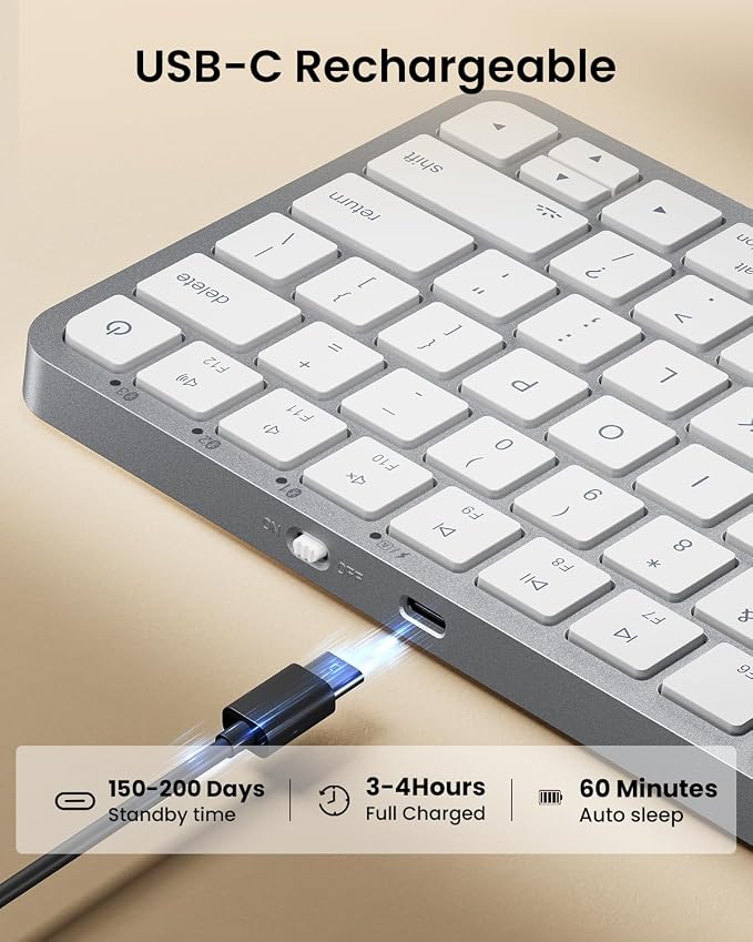 ProtoArc K90-A Backlit Bluetooth Keyboard for Mac/iPad, White Silver | Compact Wireless Mac Keyboard, 78-Key, No Numpad, 3-Level White Led Backlight, Multi-Device, Low-Profile, Rechargeable - Image 7