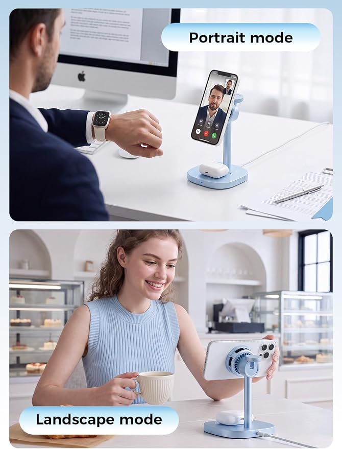 havit 3 in 1 Wireless Charger, Qi2.2 Certified 25W Magnetic Charging Station with Active Cooling for iPhone 17/16/15/14/13/12, Apple Watch & AirPods, 45W Adapter Included, Blue - Image 7