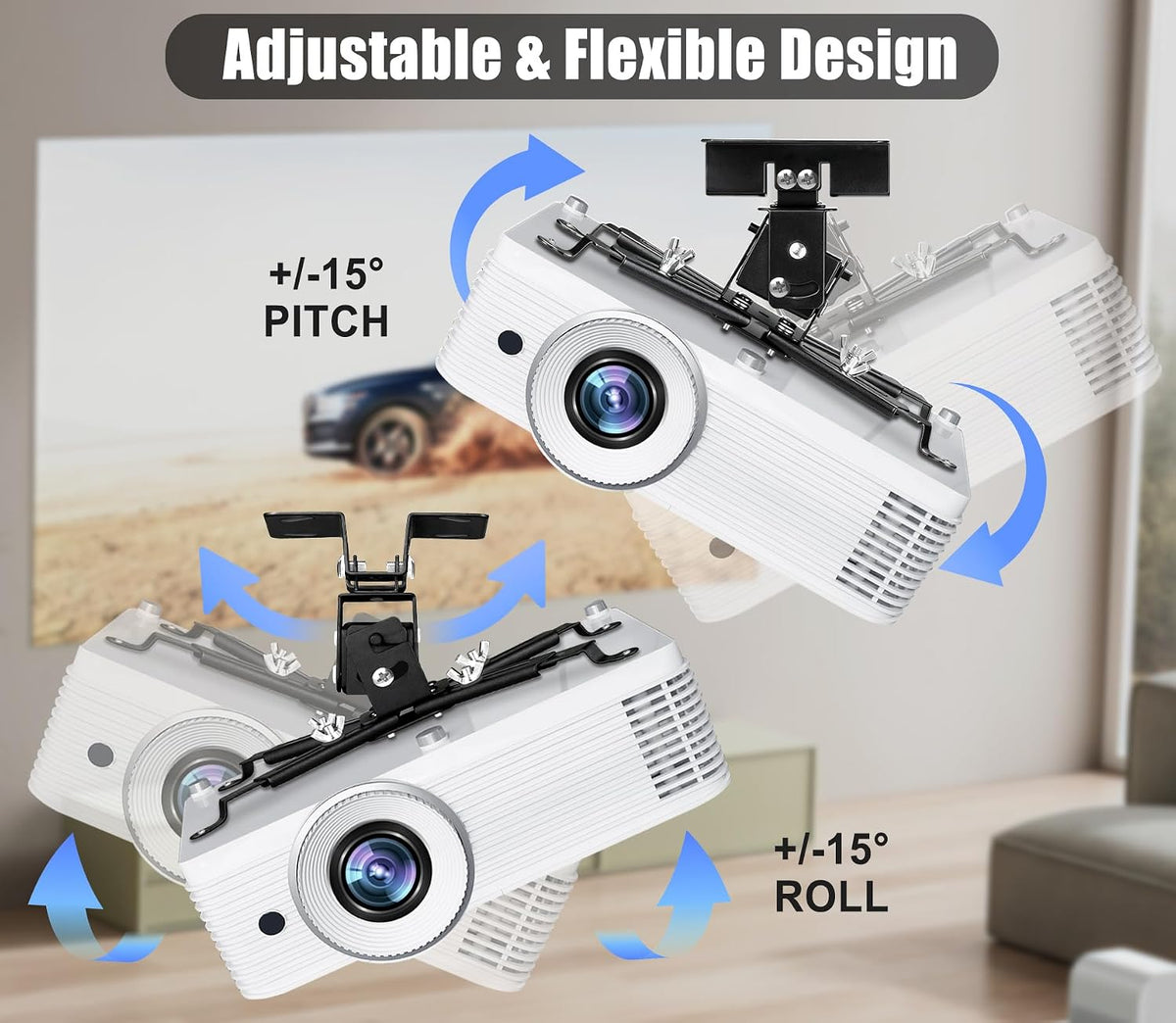 2-Be-Best Projector Ceiling Mount Wide Pipe Universal 3-in-1 Projector Wall Mount Bracket with Adjustable Arm, Flush Mount Option, Built-in Cable Management for Office Home Black - Image 3