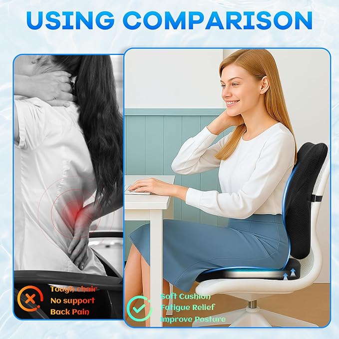 Gel Seat Cushion & Lumbar Support Pillow Set, Cooling Memory Foam for Tailbone & Sciatica Pain Relief, Ergonomic Office Chair Cushion with Breathable Mesh Cover for Car, Home, Wheelchair (Black) - Image 4