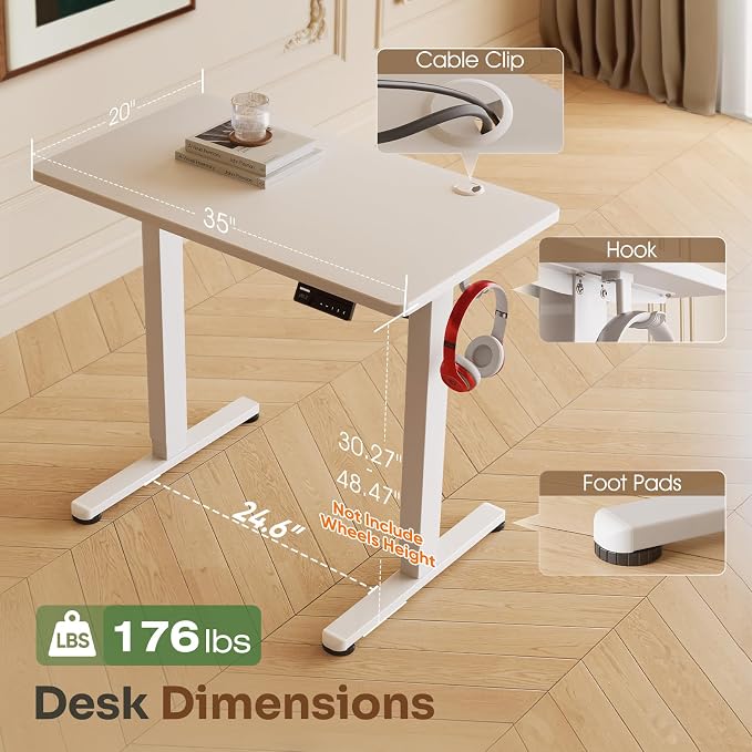 Monomi 35"x20" Small Electric Standing Desk,Whole Piece Desktop,White | Height Adjustable Desk with Memory Controller and wheels, Sit Stand Computer Workstation for Home Office,Space Saving - Image 2